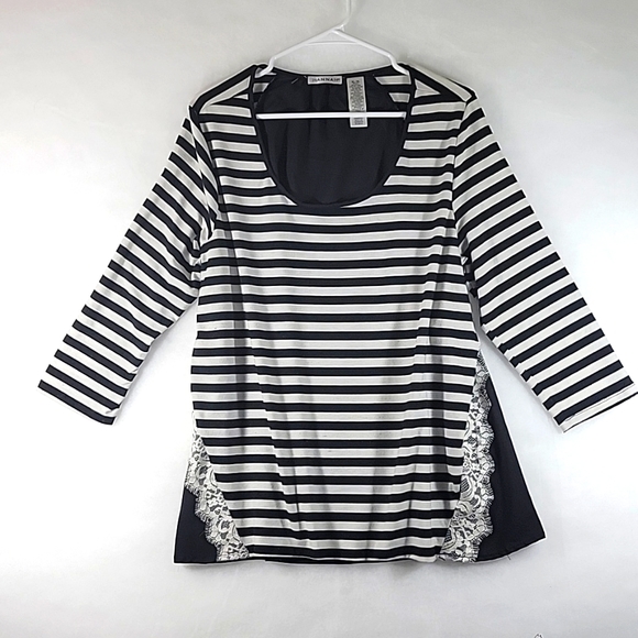 HANNAH WOMEN'S Black and White Stripe with Lace Accent Stretchy Top Size XL - Picture 1 of 6
